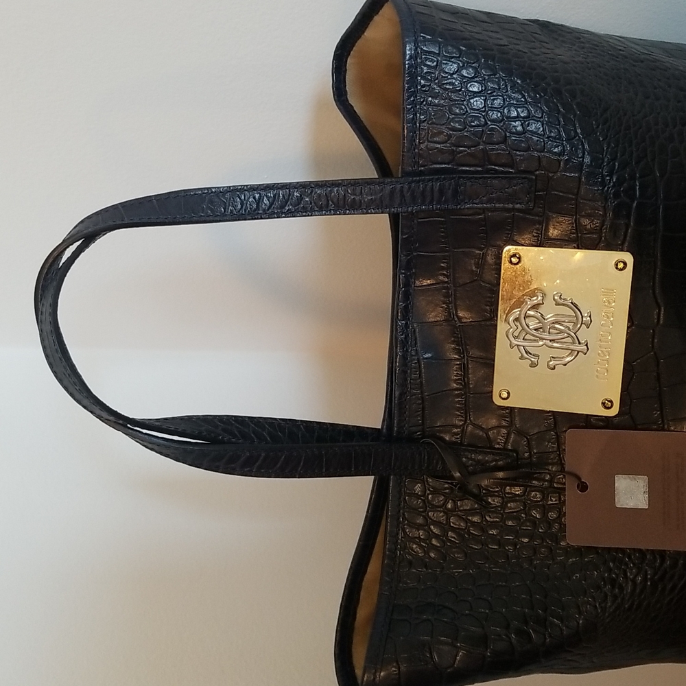 Roberto Cavalli NWT Women's Navy Blue Leather Snake Tote Handbag - Picture 3 of 6